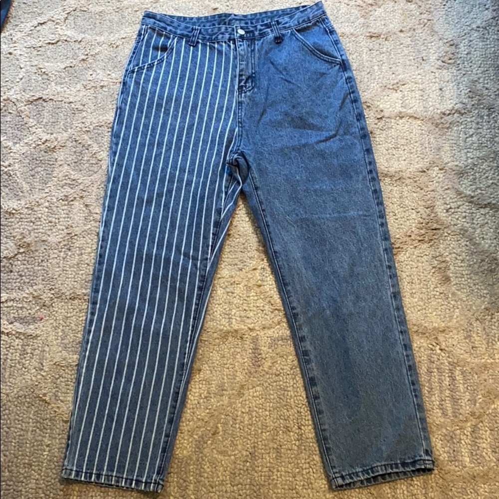 1/2 blue and 1/2 white and blue striped jeans